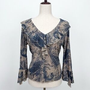Vtg New York City Design Top‎ Womens M Blue Paisley Micro Mesh Whimsigoth Grunge